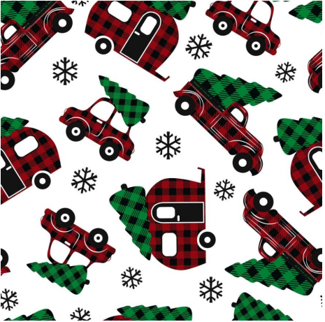 112506-57 $16.90/yd Downhome Country Christmas, Red/green plaid campers, cars and trucks!!