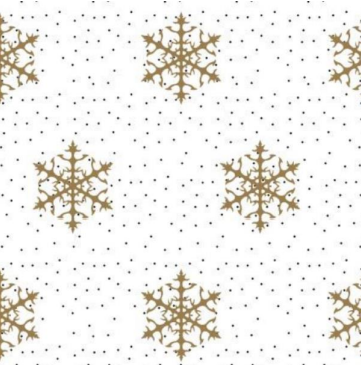 113145-57 $16.90/yd Gold snowflakes on white with tiny black dots