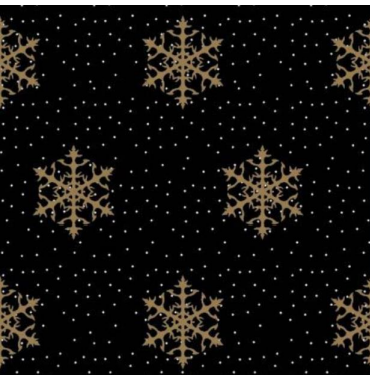 113146-57 $16.90/yd Gold snowflakes on black with tiny white dots