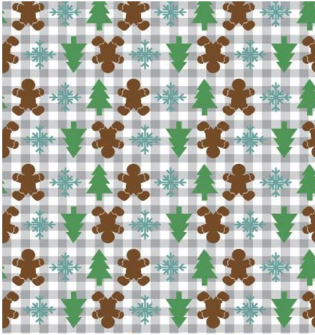 113155-57 $16.90/yd Christmas Gingerbread Men and trees on grey/white plaid