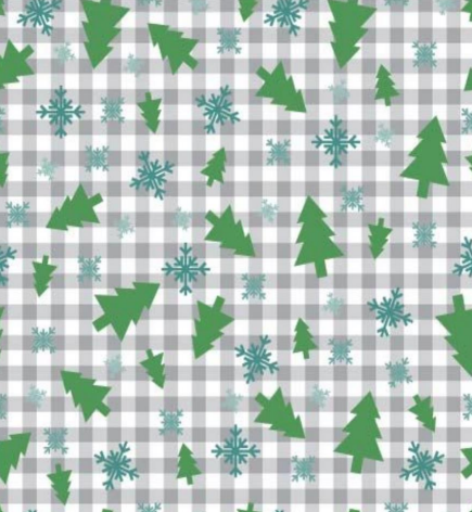 113156-57 $16.90/yd Christmas snowflakes and trees on grey/white plaid