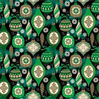 113157-57 $16.90/yd Christmas ornaments of green and gold on black