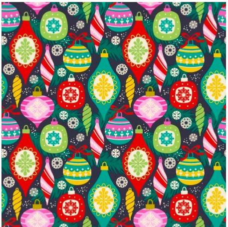 113160-57 $16.90/yd Christmas multi coloured ornaments on black