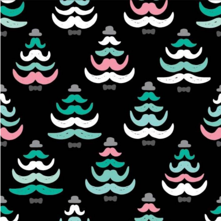 113166-57  $16.90/yd Colourful Christmas trees in teal, pink and white on black