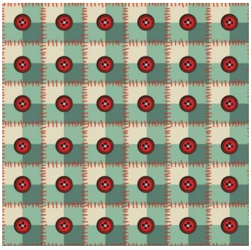 113178-57 $16.90/yd Patchwork Christmas with red buttons on green/cream plaid