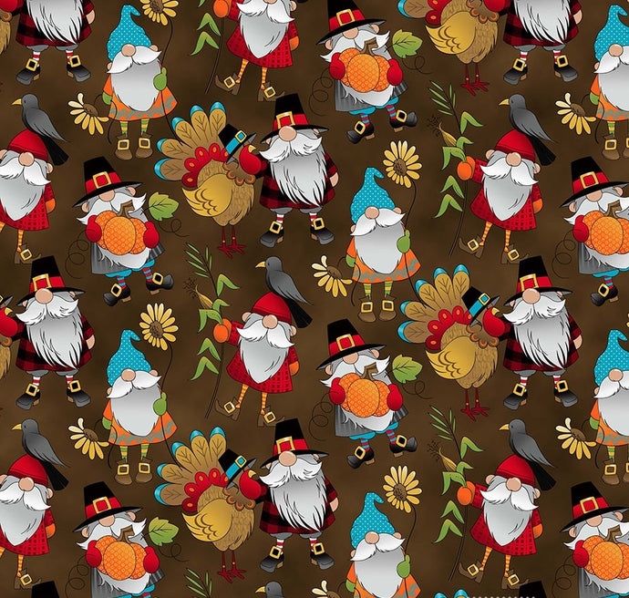 126577 $20.25/yd Turkeys and Gnomes on brown