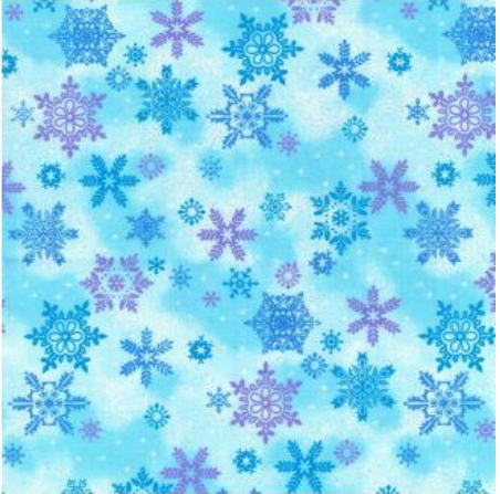 131145 $17.97/yd  Christmas Snowflakes of Blue and Purple on light Blue