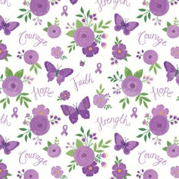 13220-WHT $21.50/yd Purple flowers and butterflies on white