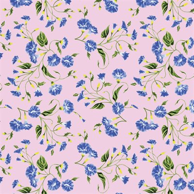 13398-21 $18.45/yd Painted Garden blue flowers on pink