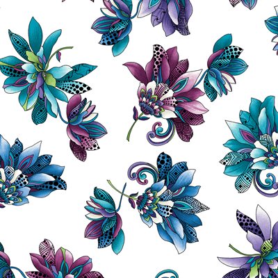 16156-09 $20.50/yd Xanadu Collection Teal and purple on white