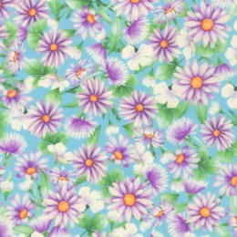 22267-471 $20.50/yd  Honey Flower Collection, Larkspur, Purples and greens on blue