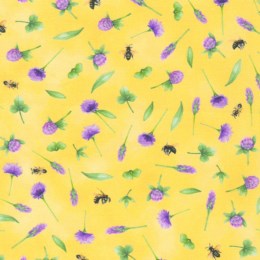 22269-321 $20.50/yd  Honey Flower Collection, Sunkissed Mauve and Green on Yellow