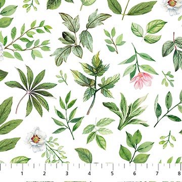 25621-10 $19.50/yd Green leaves on white with pink and white flowers