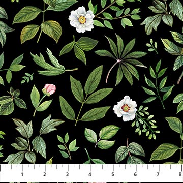 25621-99 $19.50/yd Green leaves and white and pink flowers