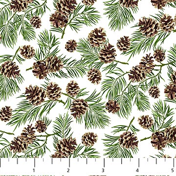 27062-10 $18.45/yd Beary Merry Christmas pine cones on white