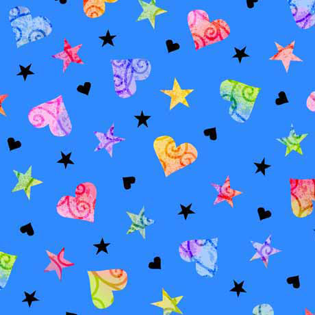 29510-B $20.50/yd Bright blue with colourful hearts all over