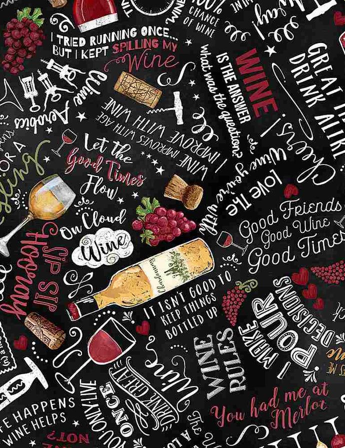 C1092-BLK $20.50/YD Wine Cellar Text on Black