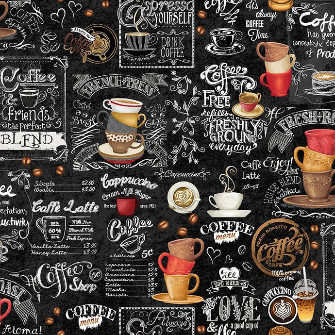 CD2557 $21.90/yd Just Brew It coffee chalkboard