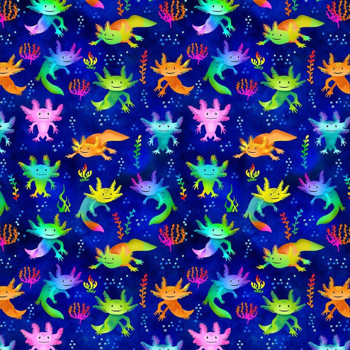 CD2889-BLU $20.50/yd Cute colourful salamanders on navy