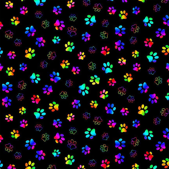 CD3035-BLK $20.50/YD Wildcat Rainbow Paw Prints on Black