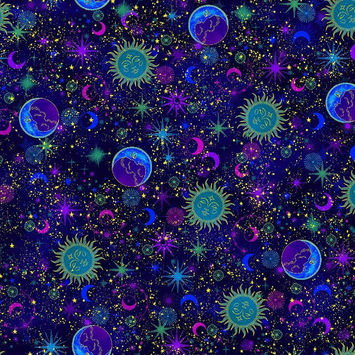 CM2542-MUL $20.25/yd Cosmos Sun, Moon and Stars Sew Very colourful