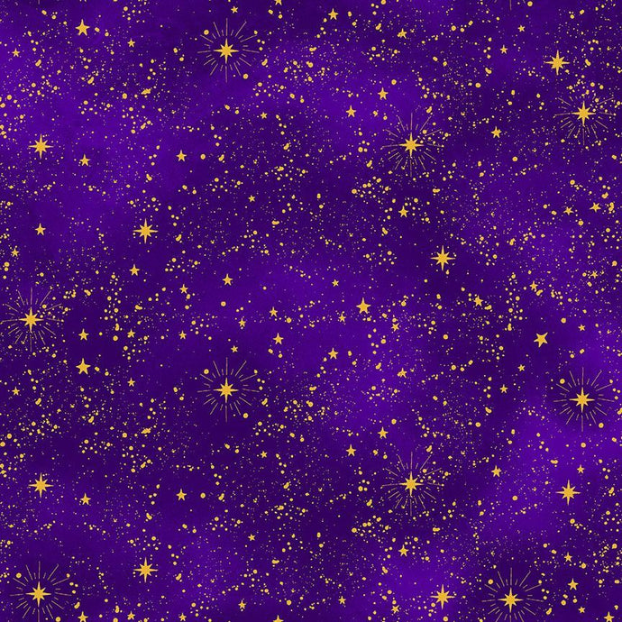 CM2546-PUR  $20.25/yd  Metallic gold stars on purple