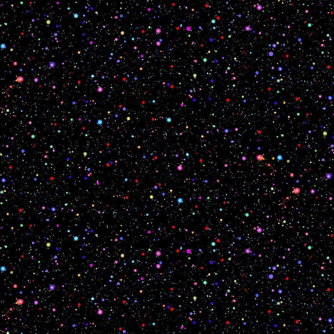 CD1995-BLK $20.25/YD Outer space, Colourful dots on black