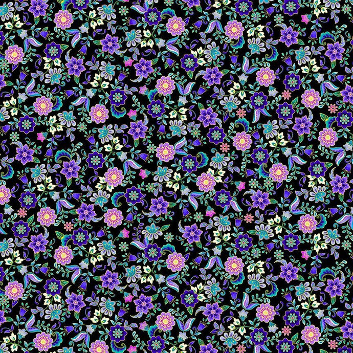 CM2124-BLK $20.25/YD Purple and Pink flowers on Black