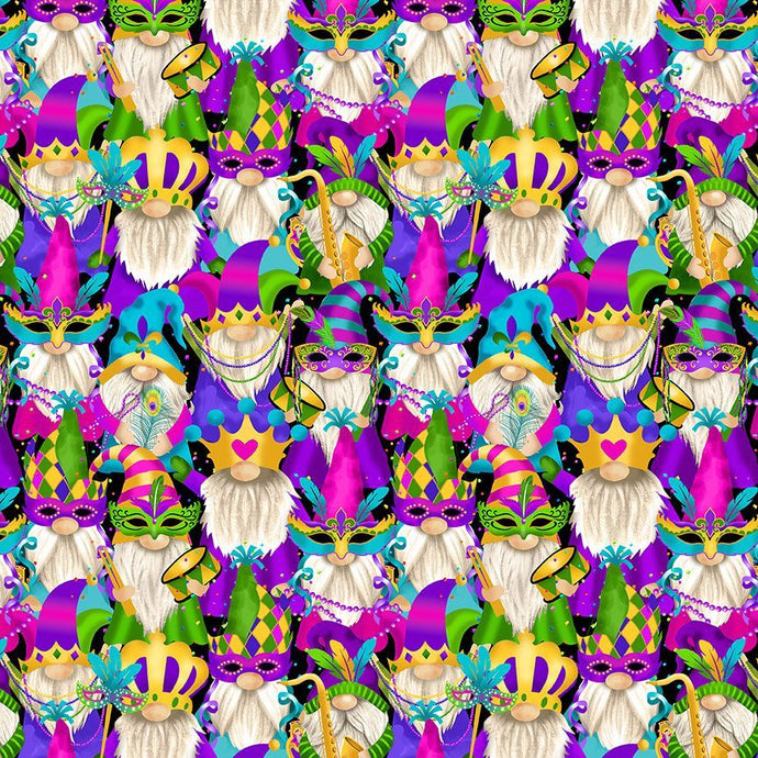 CD2633-MUL     $20.50/yd Mardi Gras Parage Gnomes in multi coloured