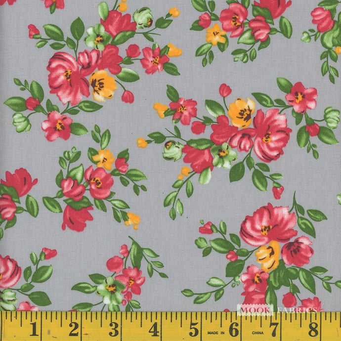 118458 $18.45/yd Red and yellow flowers on grey background