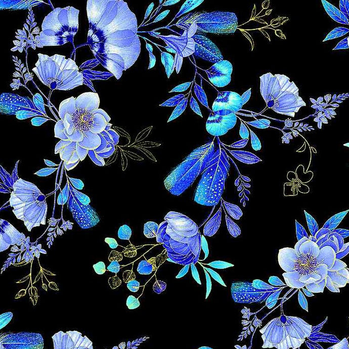 CM1566-BLK $20.25/YD Beautiful Blue tonal flowers on black