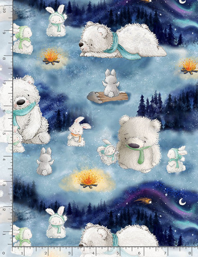 C1139-NIGHT $18.45/YD Cute white bears and bunnies on blue tones background