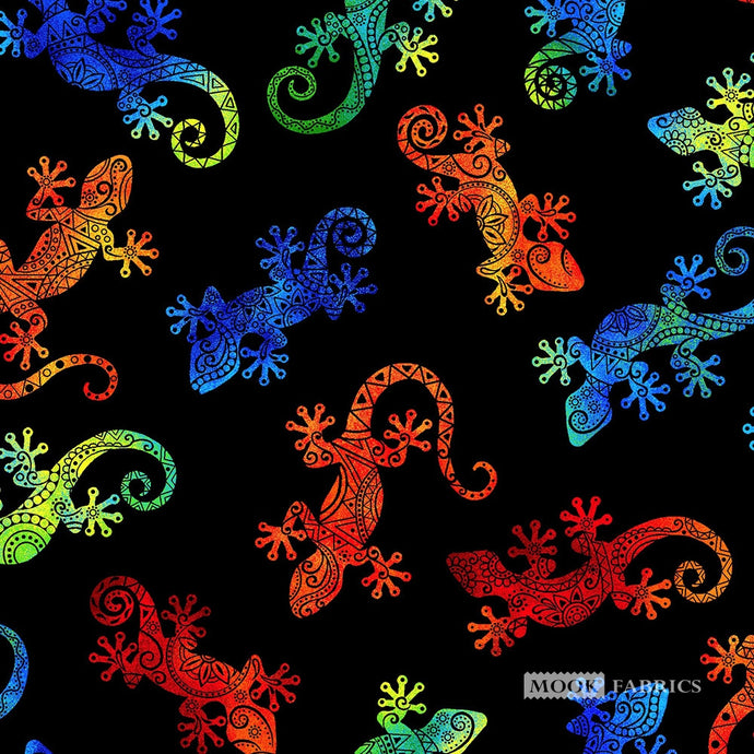 124260 $21.98/yd Colourful Geckos on black Orange, Green and blue tones