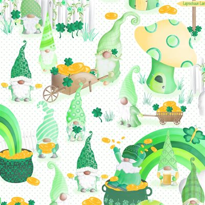 Z12666-90 $16.95/ yd Lucky Green Gnomes on White