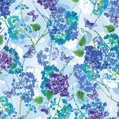 12810-51 $19.40/YD Sky blue background, purples, greens and blues