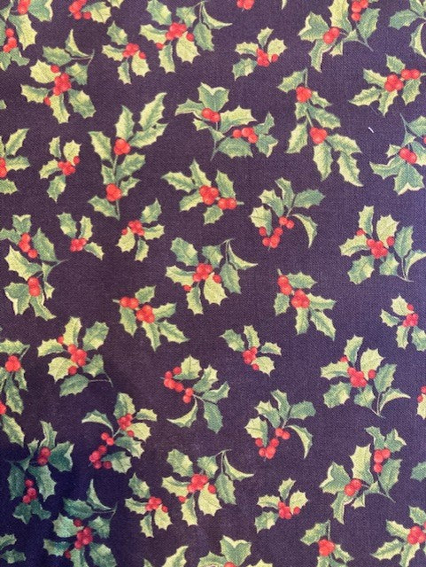 13096-12 $18.45/yd Holly leaves and berries on Black