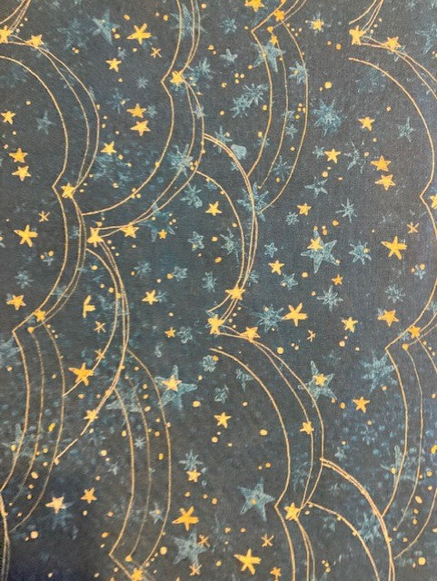 13120-55 $18.45/yd Yellow and Blue Stars and Swirls on Denim Blue Background