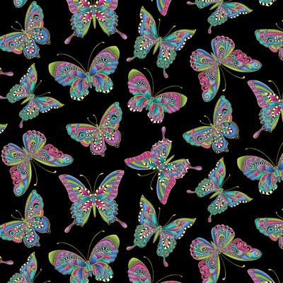 13311M-12 $19.40/yd   Colourful Butterflies on black background with flecks of gold
