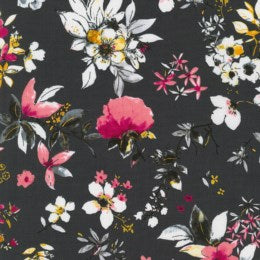 21282-184 $18.95/yd White and pink flowers on black