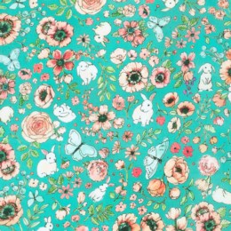 21657-213 $18.45/YD Flowers, bunnies and butterflies on green