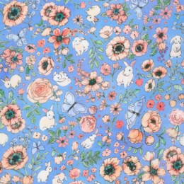 21657-61 $18.45/YD Flowers and bunnies and butterflies on cornflower blue