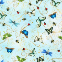 21661-63 $18.45/YD Colurful butterflies on pale blue background
