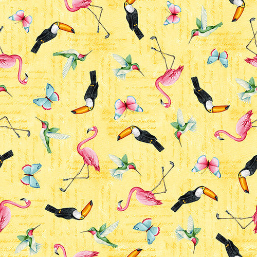 2372-44 $18.95 Tropical Vibes birds on yellow matches Tropical Vibes group