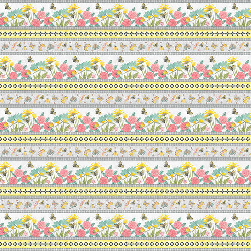 2401-90 $18.95/yd Border print with green, yellow and pink on white