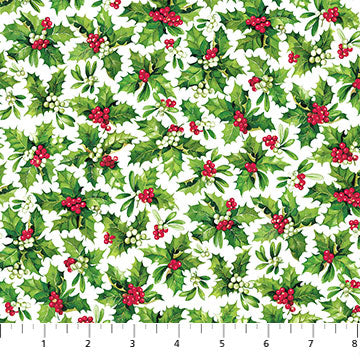 24071-10 $16.65/yd Here Comes Santa Holly on White
