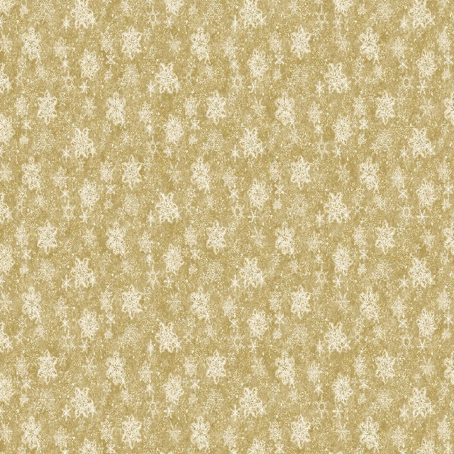 24205M-12 $16.95/yd White Christmas Gold Snowflakes