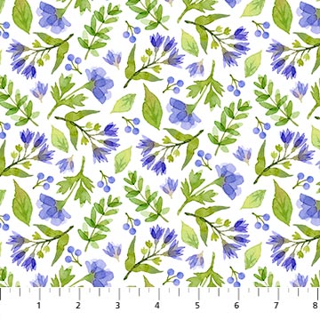24651-10 $15.50/yard Purple flowers and green leaves on white