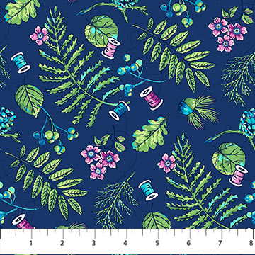 24971-49 $15.95/yd Green Leaves and colourful spools on Navy