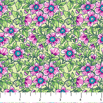 24973-72 $15.95/yd Green leaves and pink/blue flowers on lime background