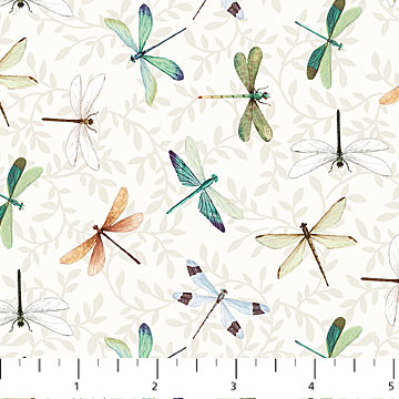 25060-11$16.25/yd  Colourful dragon flies on white